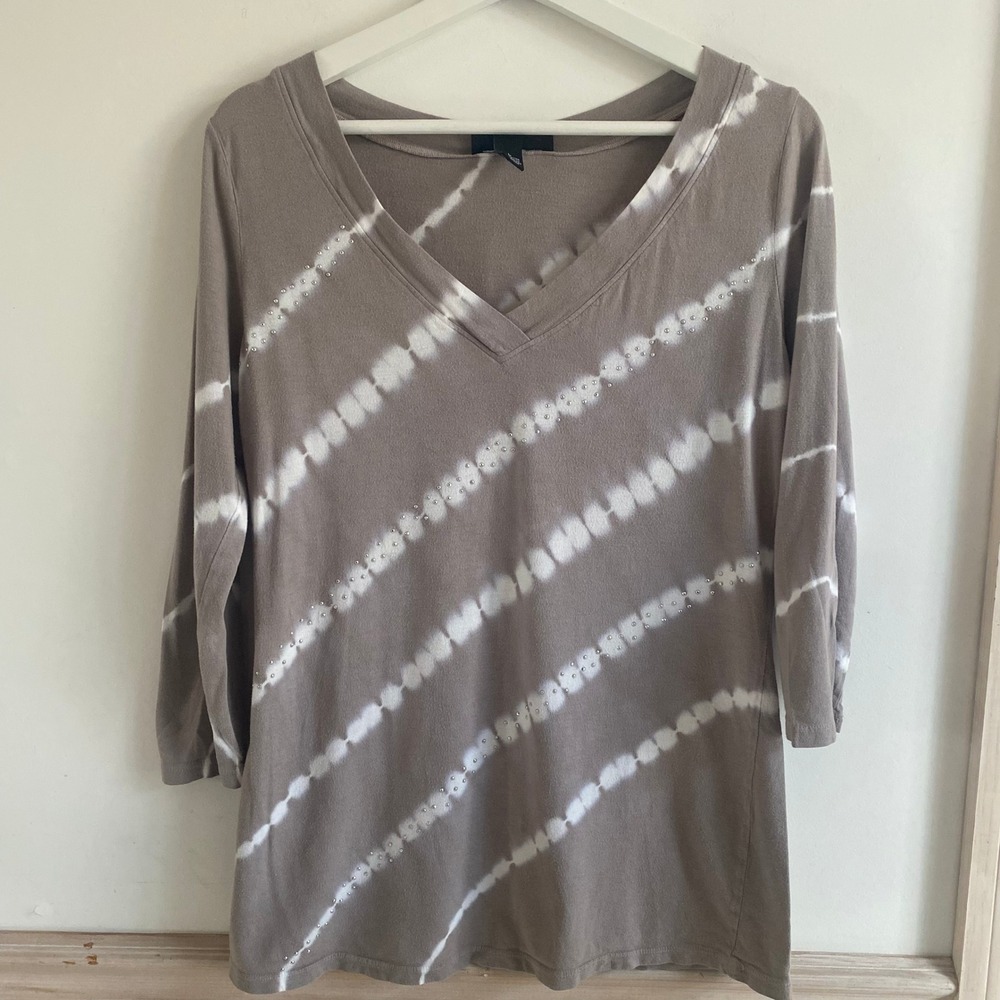 INC International‎ Concepts Tunic Top Grey White Tie Dye Rhinestone 3/4 Sleeve L
